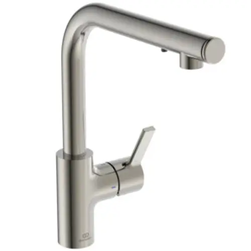 Küchenarmatur aus Edelstahl mit Auslauf und Seifenspender. Das Design stammt von Ideal Standard und ist für moderne Küchen geeignet.